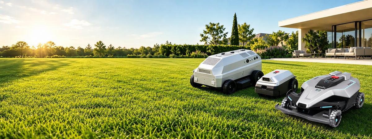 Lawnova robotic mowers in a sunlit modern yard